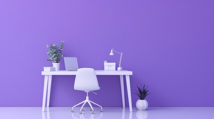 A minimalist study setup with a white desk and chair against a solid purple background