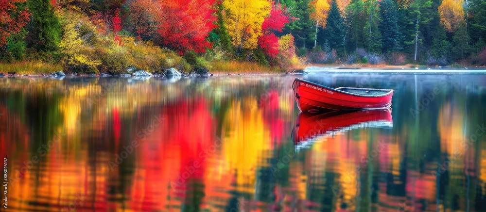 Poster autumn lake shore with red boat and colorful trees mirrored in water providing copy space in the ima