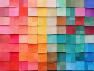 Multicolored paper squares arranged in a gradient pattern from warm to cool hues, creating a vibrant and visually appealing abstract background.