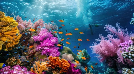 Colorful coral reef with small fish swimming in tropical waters