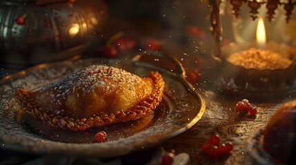 Detailed Still Life of a Holi Gujiya A GoldenBrown Crust Dusted with Powdered Sugar and a Decadent Filling of Sweet Khoya and Plump Dried Berries