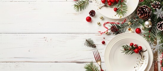A festive Christmas and New Year table setting with decorations on a white wooden table viewed from the top with room for text in the image. Copy space image. Place for adding text and design