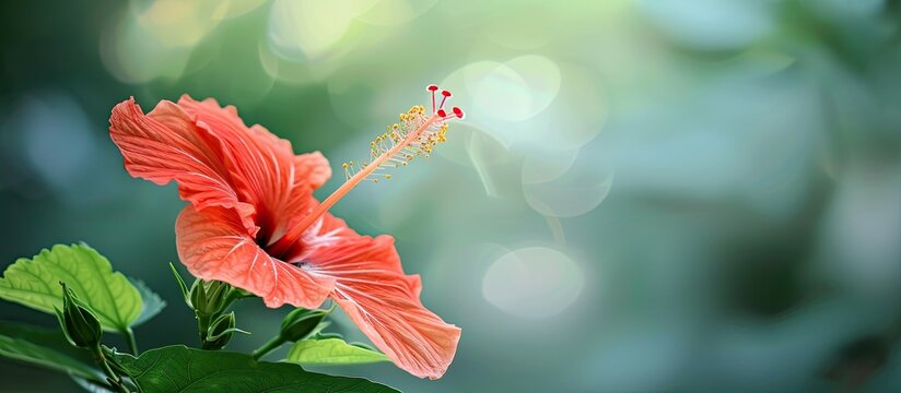 Selective focus on a hibiscus flower petal against a blurry backdrop with copy space image available