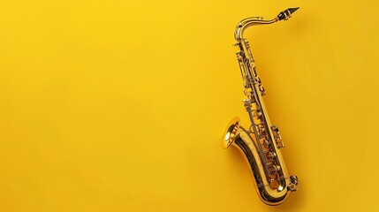 Naklejka premium A sleek saxophone displayed against a solid yellow background, highlighting its curves