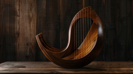 A sleek lyre against a solid rosewood background
