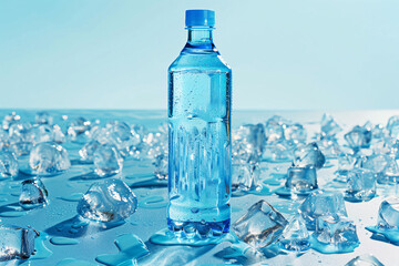 Obraz premium blue bottle of water with cube ice 