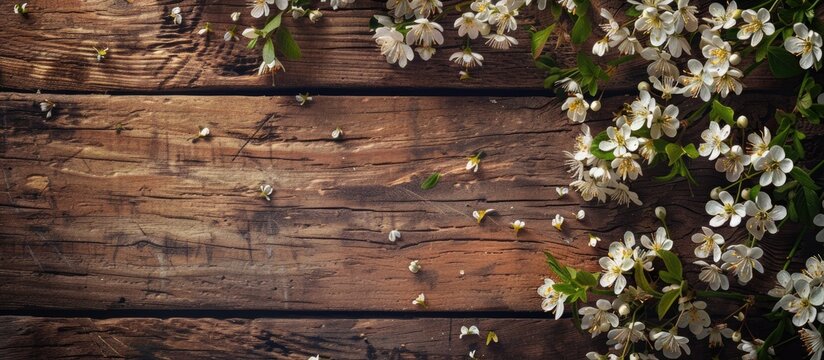 Blooming spring flowers on a rustic backdrop with a copy space image