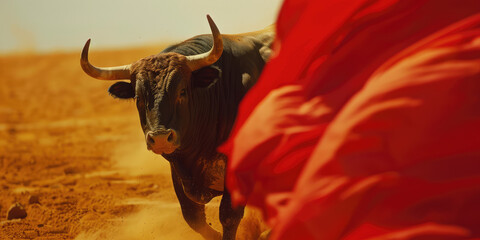 Bull in bullfight arena with red cloth, traditional bullfighting performance