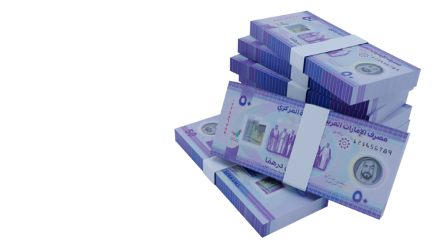 Stack of fifty dirhams Bills isolated on transparent Background,  50 dirhams united arab emirates