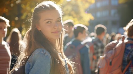 A close-up photograph of students exiting a university, with a backdrop of the campus and bustling student activity