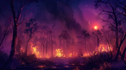 Fototapeta premium raging flames engulf a dense forest at night illuminating the devastating impact of wildfires on fragile ecosystems