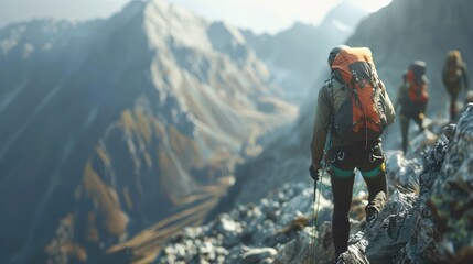 Obraz premium A close-up scene of climbers ascending a mountain trail, viewed from a slightly elevated angle