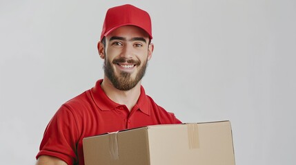 Joyful delivery man with package box, symbolizing excellent shipping service on white