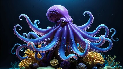 Obraz premium Vibrant blue octopus with curled tentacles in a coral reef.