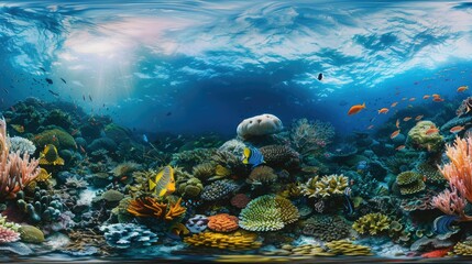 Fototapeta premium Panoramic view of a bustling marine ecosystem with coral and fish