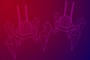 Spider robot with radar antenna. Nanobot, nanotechnology medical concept. Wireframe low poly mesh vector illustration