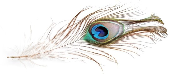 Copy space image featuring a single peacock feather on a white backdrop
