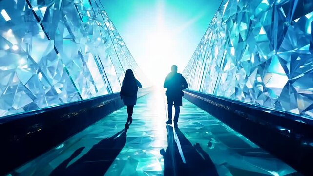 Silhouetted figures walking light in futuristic corridor