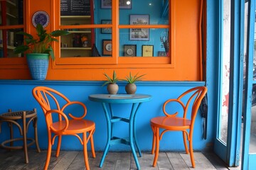 A vibrant cafe interior featuring bright orange chairs, a blue table, and blue walls creating a lively atmosphere.