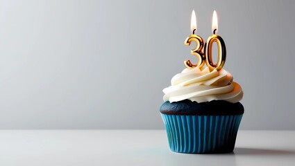 Gold Candle Number 30 on Blue Cupcake with Gray Background
