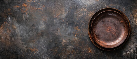 Background of a table with an empty dish in top view providing space for an image. Copy space image. Place for adding text and design