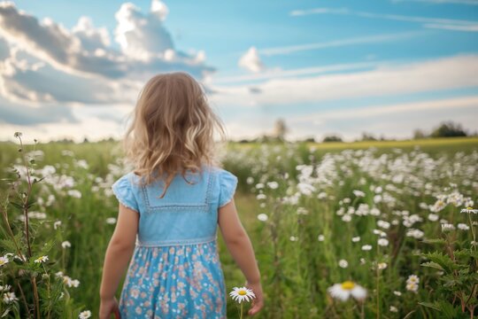 A young girl wearing a blue dress walking through a blooming flower field under a cloudy sky, enjoying nature.