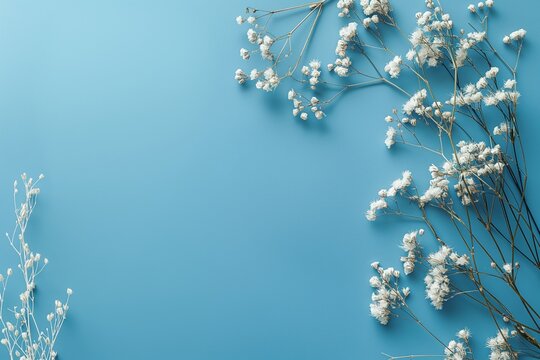 Delicate white flowers are artistically arranged over a soft blue background, creating a serene and peaceful view.