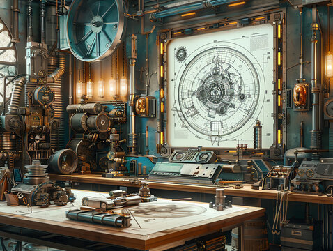 Anampunk laboratory. The lab is filled with strange and wonderful inventions, including a giant steam-powered computer, a tesla coil, and a machine that can turn lead into gold. Generative ai.