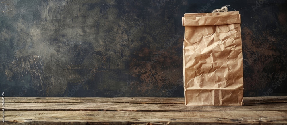 Canvas Prints A paper bag placed on a wooden table with a dark background creating a simple and rustic composition with copy space image