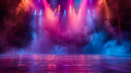 Naklejka premium Empty stage background with smoky or foggy colored lights. Glowing stage with warm lighting design for modern dance performances. Entertainment show. Spotlight effect on stage.