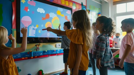 Elementary school students engaging with an interactive whiteboard with their teacher in the classroom