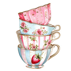 Vintage porcelain tea cups stacked. Beautiful elegant retro illustration in watercolor style. Isolated element for design, clip art, sticker
