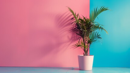 Obraz premium Tropical plant against pink and blue background