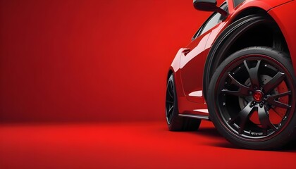 Engine oil and a disk on a red background characterize this modern car wheel. Poster for advertisements. poster promoting the sale 