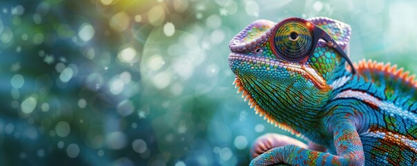 Chameleon Wearing Sunglasses Against a Blurred Background