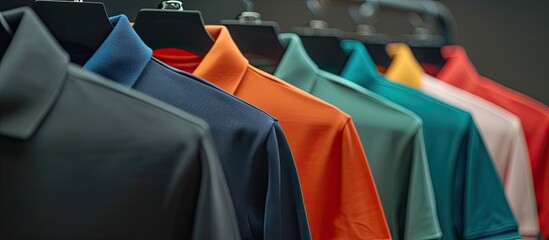 Polo shirts in various colors showcased on a display stand with a copy space image