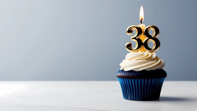 Gold Candle Number 38 on Blue Cupcake with Light Blue Background
