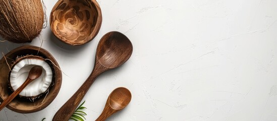 Coconut tree and bamboo wooden kitchen utensils set skillfully handcrafted displayed on a white background with copy space image