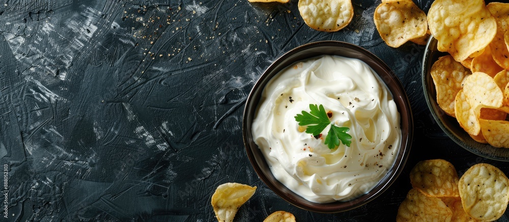 Poster Sour cream and potato chips arranged appetizingly on a table with copy space image