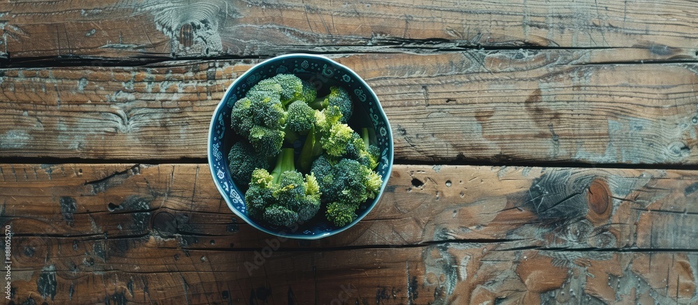 Wall mural Fresh raw broccoli in a bowl placed on a wooden table captured in a close up shot with available space for adding text in the image. Copy space image. Place for adding text and design