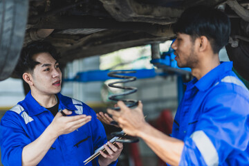 Two mechanics in a car repair shop are discussing repairs to the underbody and suspension of an old car. Auto mechanic checking springs and shocks.
