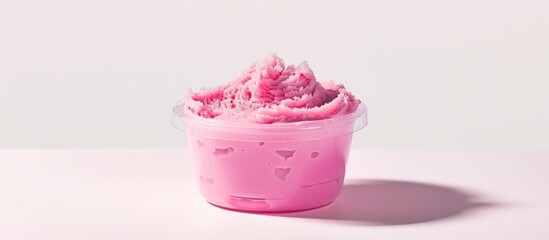 Pink cream souffle or scrub showcased in a see through plastic container with a white cover set against a white backdrop with a shadow for copy space image