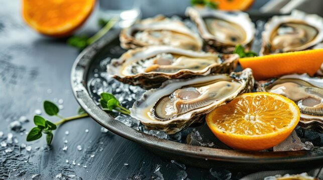 Oysters served on a metal platter with citrus