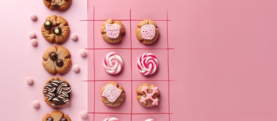 Cookie and candy tic tac toe game set up on a pink background with copy space image