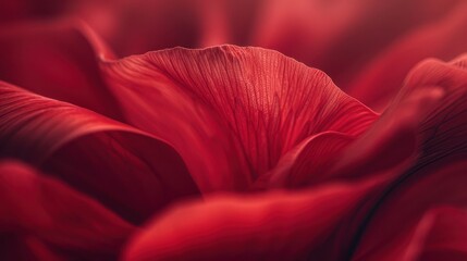 A close-up of a flower petal, vibrant red and velvety texture, with a softly blurred garden in the background