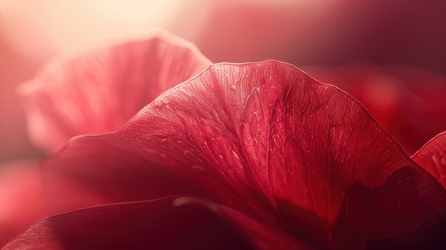 A close-up of a flower petal, vibrant red and velvety texture, with a softly blurred garden in the background