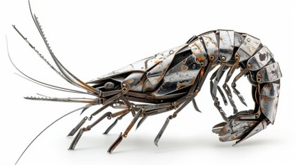 A close-up of a shrimp crafted from scrap metal, featuring unique and intricate patterns, isolated on a white background
