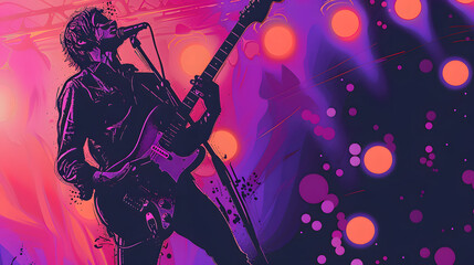 Musician at Concert: Dynamic Black Line Sketch on Stage Lights Purple Background.