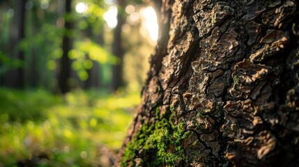 Obraz premium A close-up of tree bark texture, rough and detailed, capturing the intricate patterns and lines, with a moss-covered forest floor in the background