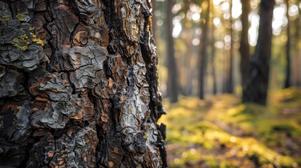 A close-up of tree bark texture, rough and detailed, capturing the intricate patterns and lines, with a moss-covered forest floor in the background